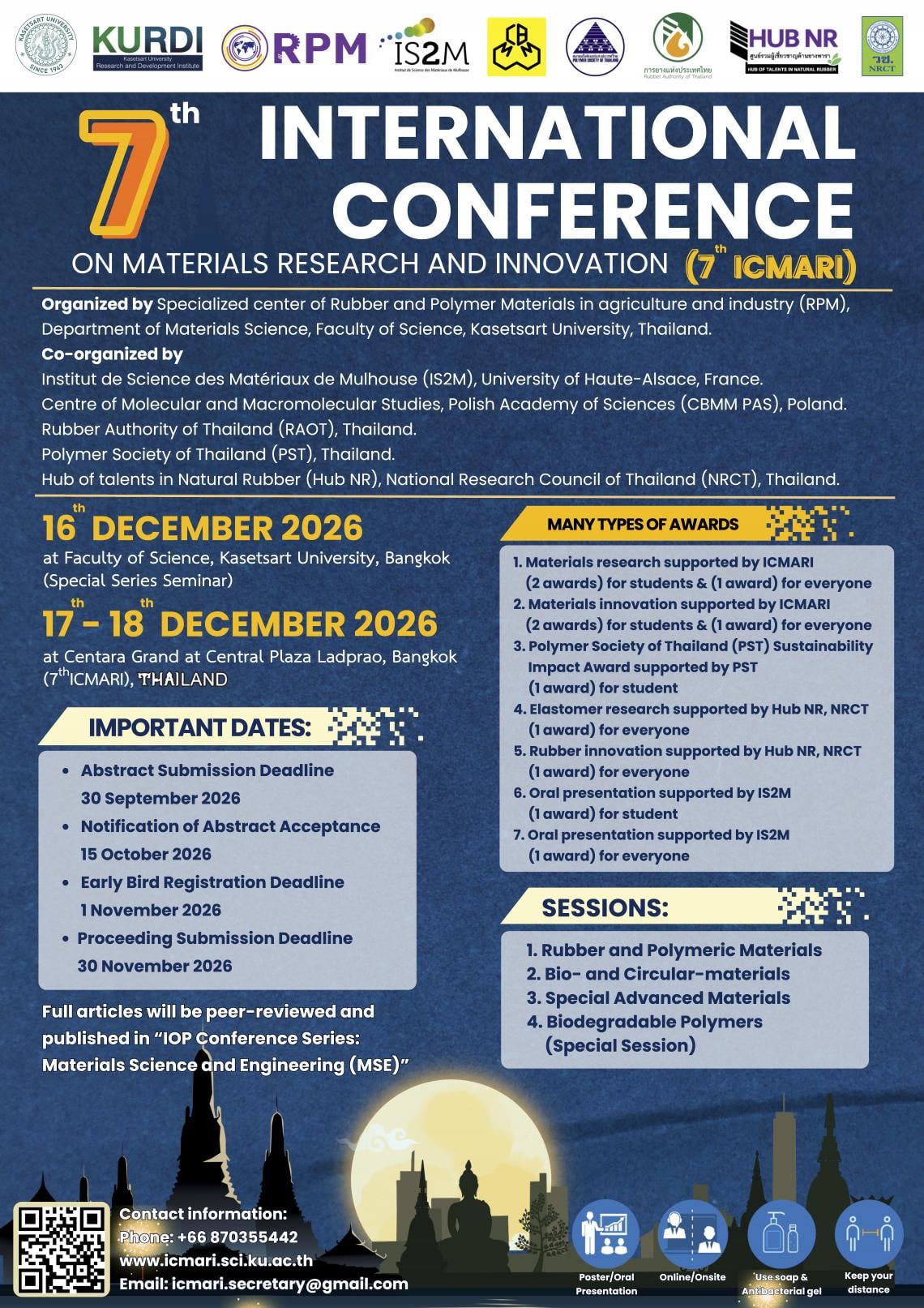 Poster for the 7th International Conference on Materials Research and Innovation (ICMARI 2026), taking place in Bangkok, Thailand, from 16 to 18 December 2026, with sessions on rubber and polymeric materials, bio- and circular materials, advanced materials and biodegradable polymers.