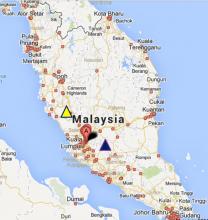 Figure 1- Location of the UM-UPSI radio telescope in Tanjung Malim Perak -yellow triangle and the future big radio telescope in Jelebu Negeri Sembilan- blue triangle