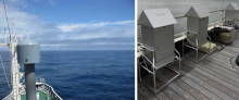 A view of the western subarctic Pacific Ocean from the research vessel Hakuho Maru (left). The equipment on the deck was used to sample sea spray aerosols (right).