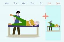 A drawing of a physical therapist helping an elderly patient