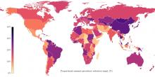 World map with countries highlighted in different colours to represent targets for reducing anaemia in women of reproductive age by 2030.
