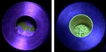 Ball-milling the mixture of polystyrene and pre-fluorescent radical reactants yielded luminescent polymers. Photos show the mixture before (left) and after (right) the reaction, under UV light.