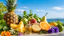 A small bottle of golden flavour compound surrounded by pineapple, citrus fruits, herbs and flowers against a bright blue sky.