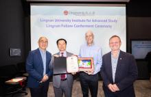 From left: Prof Raymond Chan Hon-fu, Vice-President (Academics) cum Provost and Lam Man Tsan Chair Professor of Scientific Computing of Lingnan University, President Qin, Prof Guillermo Sapiro, and Prof Richard M. Walker, Director of the LUIAS.