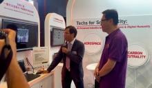 Prof Sun Dong (right), Secretary for Innovation, Technology and Industry of the Hong Kong SAR Government, visits Lingnan University’s exhibition booth and sees how Face Fortress, an AI-powered facial verification system developed by Prof Sam Kwong Tak-wu (left) , Associate Vice-President (Strategic Research), Dean of the School of Graduate Studies, and J.K. Lee Chair Professor of Computational Intelligence at Lingnan University, uses AI to screen facial images and detect deepfakes.