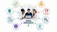 Infographic showing three researchers working together at a laptop, surrounded by icons for access, data, methods, code, collaboration, public engagement, transparency and reproducibility.