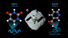 A conceptual image for sampling materials on the asteroid Ryugu containing uracil and niacin by the Hayabusa2 spacecraft (NASA Goddard/JAXA/Dan Gallagher).