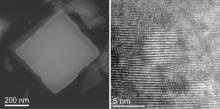 (Left) A single copper-doped tungstic acid nanocrystal; (right) Atomic resolution image of the nanocrystal. (Photos: Melbert Jeem)