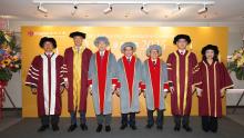 Lingnan University confers honorary fellowships. From left: Prof S. Joe Qin, President and Wai Kee Kau Chair Professor of Data Science of Lingnan University; The Hon Andrew Yao Cho-fai, Chairman of the Council; Honorary fellows The Hon Ronick Chan Chun-ying, The Hon Ip Kwok-him, and Mr Ng Leung-sing; The Hon Augustine Wong Ho-ming, Deputy Chairman of the Council; Ms Carrie Leung Ka-lai, Treasurer of the Council.
