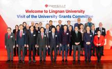 The UGC delegation under the leadership of Mr Tim Lui (front row, fifth left), Chairman of the UGC, and Prof James Tang (front row, third right), the Secretary-General of the UGC, and more than 20 UGC members and secretariat staff, including Prof Timothy Tong Wai-cheung (front row, third left), Chairman of the Research Grants Council, and Prof Jan Thomas (front row, first right), Chair of Quality Assurance Council, visits Lingnan University. 