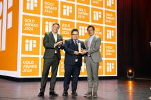 The mini air purifier PureAura designed by the Lingnan Entrepreneurship Initiative (LEI) receives the 2024 iF Design Gold Award. From left: Mr Uwe Cremering, CEO of iF Design, Mr Adrian Lo Chun-kwong, Product Design Lead of LEI, and Prof Albert Ko, Director of LEI.