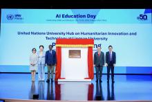 From left: Dr Georgina Curto Rex, Senior Researcher and Team Lead at UNU Macau, Dr Huang Jingbo, Director of UNU Macau, Prof Tshilidzi Marwala, Rector of the UNU and Under-Secretary-General of UN, Mr Ernest Chan, Vice-President (Administration) of Lingnan University, Prof Albert Ko, Founding Director of the UNU Hub on Humanitarian Innovation and Technology (HIT) at Lingnan University.