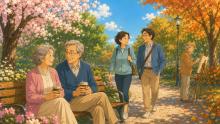 Illustration of older and middle-aged adults relaxing and walking in a sunny park, with green summer trees on one side and orange autumn foliage on the other.