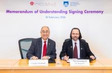 Lingnan University and the Universidad de la República (University of the Republic, Udelar) sign a Memorandum of Understanding. The ceremony is officiated by Prof Raymond Chan Hon-fu, Vice-President (Academics) cum Provost and Lam Man Tsan Chair Professor of Scientific Computing of Lingnan University (left), and Prof Héctor Cancela, President of the Udelar (right), with senior representatives of both universities attending the event.