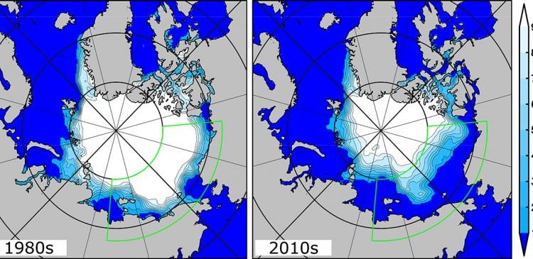 Sea ice concentrations in September. The left and right maps show the average ice concentration in the Arctic Ocean in the 1980s and 2010s respectively. The fan-shaped outline marks the study area. The maps are based on information provided by the National Snow and Ice Data Center.