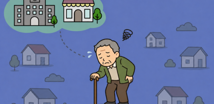 Cartoon image of an old man in a city