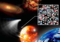 Artist's illustration of a galaxy, a comet, and dust particles.