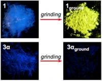 9-anthryl gold(I) isocyanide (3α) turns invisible and emits infrared after it’s ground whereas phenyl  gold(I) isocyanide (1) turns yellow.