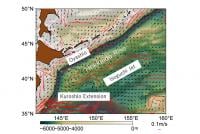Surface current velocity (arrows) and bottom topography (shading) at the western North Pacific, emphasizing bottom rises at the depth of 5,000 meters to 6,000 meters.