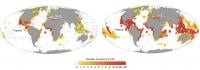The number of species shifting out of each exclusive economic zone (EEZ) by the year 2100 under a moderate and more severe greenhouse gas emissions scenario.