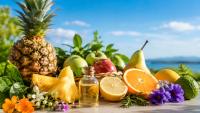 A small bottle of golden flavour compound surrounded by pineapple, citrus fruits, herbs and flowers against a bright blue sky.