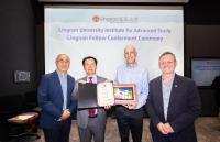 From left: Prof Raymond Chan Hon-fu, Vice-President (Academics) cum Provost and Lam Man Tsan Chair Professor of Scientific Computing of Lingnan University, President Qin, Prof Guillermo Sapiro, and Prof Richard M. Walker, Director of the LUIAS.