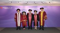 Lingnan University confers two honorary doctorate degrees. (From left: Prof S. Joe Qin, President and Wai Kee Kau Chair Professor of Data Science; Treasurer of the University Council Ms Katherine Cheung Marn-kay; Prof Yau Shing-tung, Prof Nieng Yan; Council Chairman Mr Andrew Yao Cho-fai )