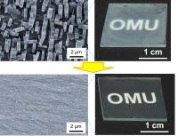 The metal-organic framework thin film synthesized at top did not involve a modulator, while the finely arranged version above did.