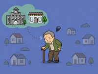 Cartoon image of an old man in a city