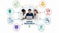 Infographic showing three researchers working together at a laptop, surrounded by icons for access, data, methods, code, collaboration, public engagement, transparency and reproducibility.