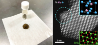 (Left) The platinum-cobalt-indium catalyst in powder form; (Right) an electron micrograph of the catalyst (structure in top inset) on cerium oxide (CeO2, structure in bottom inset) support. (Shinya Furukawa).