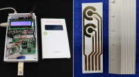 The prototype of the ATP and Lactate sensor developed in the study (left); and the integrated sensor chip that detects ATP and Lactate levels (right). (Photos: Akihiko Ishida).