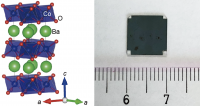 The crystal structure of the barium cobalt oxide film (left; Xi Zhang, Yuqiao Zhang, et al. ACS Applied Materials & Interfaces. July 12, 2022), and the metal oxide film itself (right; Photo: Hiromichi Ohta).