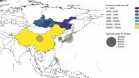 Estimated mortality and economic impacts of enhanced Siberian wildfires through air pollution for selected East Asian countries and Russian administrative districts under the present climate condition with the most extreme wildfire scenario estimated by the modeling. (Teppei J. Yasunari, et al. Earth’s Future. April 24, 2024)