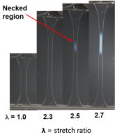 A double network hydrogel being stretched to different lengths. The necked region of the hydrogel indicates rupture of the first polymer network (Photo: WPI-ICReDD).