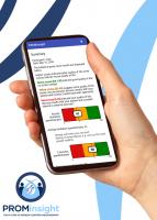 Hand holding a mobile phone with the screen showing PROMinsight’s AI-driven, computerised adaptive tests.