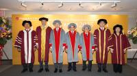 Lingnan University confers honorary fellowships. From left: Prof S. Joe Qin, President and Wai Kee Kau Chair Professor of Data Science of Lingnan University; The Hon Andrew Yao Cho-fai, Chairman of the Council; Honorary fellows The Hon Ronick Chan Chun-ying, The Hon Ip Kwok-him, and Mr Ng Leung-sing; The Hon Augustine Wong Ho-ming, Deputy Chairman of the Council; Ms Carrie Leung Ka-lai, Treasurer of the Council.