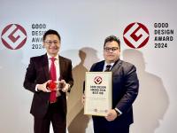 Prof Albert Ko, Director of the Lingnan Entrepreneurship Initiative (left) and Mr Adrian Lo Chun-kwong, Product Design Lead of the Office of Service-Learning (right) at the 2024 Good Design Award Ceremony in Tokyo, Japan.