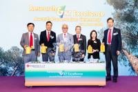 Officiating guests of the Research and Knowledge Transfer Excellence Awards Presentation Ceremony 2025. (From left: Prof S. Joe Qin, President and Wai Kee Kau Chair Professor of Data Science at Lingnan University; Mr Michael Hui Wah-kit, Council Member; Dr Patrick Wong Chi-kwong, Chairman of the Court; Mr Augustine Lui Ngok-che, Chairman of Lingnan Education Organization and Court Member; Ms Marina Lee Man-wai, Court Member; and Prof Xin Yao, Vice-President (Research and Innovation) and Tong Tin Sun Chair P