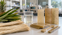 A laboratory bench showing pineapple leaves, extracted pineapple leaf fibres and tan epoxy composite samples made with natural fibres.