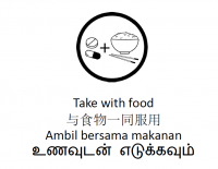 A pictogram showing how medicine should be taken with food.