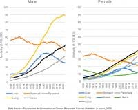 Long-term trends in cancer-specific mortality in Japan between 1958 and 2022, by sex. Mortality rates for major cancers among males and females, including liver (blue, including both viral- and non-viral-related liver cancer), stomach (orange), pancreatic (grey), lung (yellow), colon (black), breast (light blue), and uterine cancers (green). Liver cancer mortality increased until the early 2000s and subsequently declined, contrasting with continuing increases in mortality from several other major cancers.