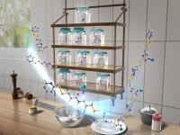 3D rendering of polymer chains in jars on a shelf