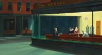 Edward Hopper's Nighthawks with medaka fish heads in place of human heads